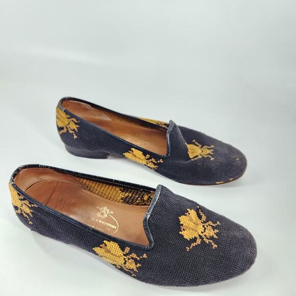 Stubbs & Wooton Bee Black Needlepoint Slipper Loafer Womens 8 Black Classic Luxe - Picture 3 of 8